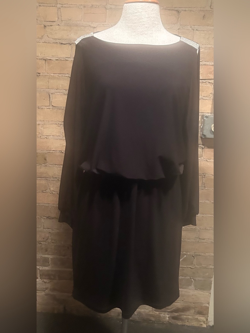 MSK Black Knit Dress with Rhinestone, Cold Shoulder Detail